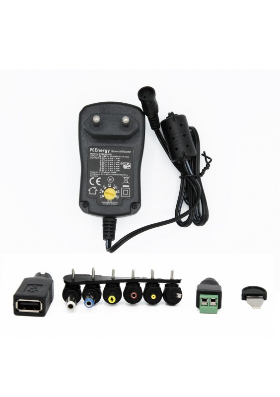 ALIMENTATION AVEC SORTIE RÉGLABLE - DE 100-240V - DE 3 À 12 VCC - 2.5 A + 6 FICHES