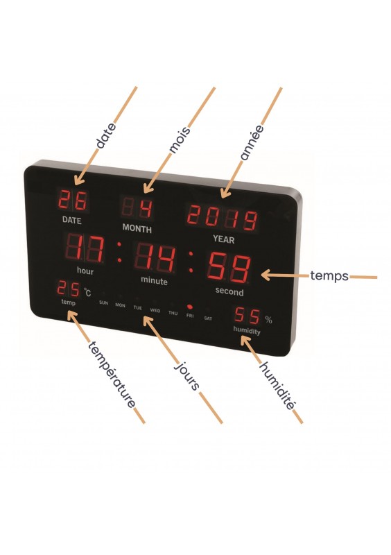 Horloge murale numérique LED, grand écran, calendrier électronique suspendu précis de bureau avec température intérieure, prise 100-240VEU