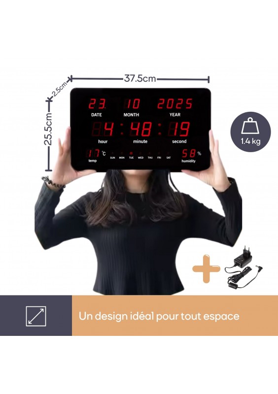Horloge Murale Numérique LCD Avec Affichage Température/Humidité - Alimentation USB Ou 3x Piles AAA - Dimensions 20x2x8 Cm - Pour Bureau Ou Mur - Fonction Réveil - 9