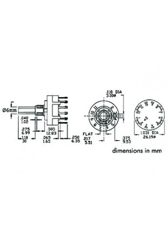 Commutatore Rotativo 1 Circuito / 12 Posizioni Per Montaggio Su Circuito Stampato (CI) - Ref 8404, 350mA A 110V, Angolo 30°, Contatti Non Cortocircuitanti