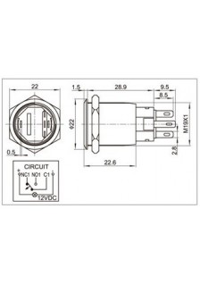 INTERRUPTEUR Ø 19mm - ANNEAU ROUGE - LED 4/12V